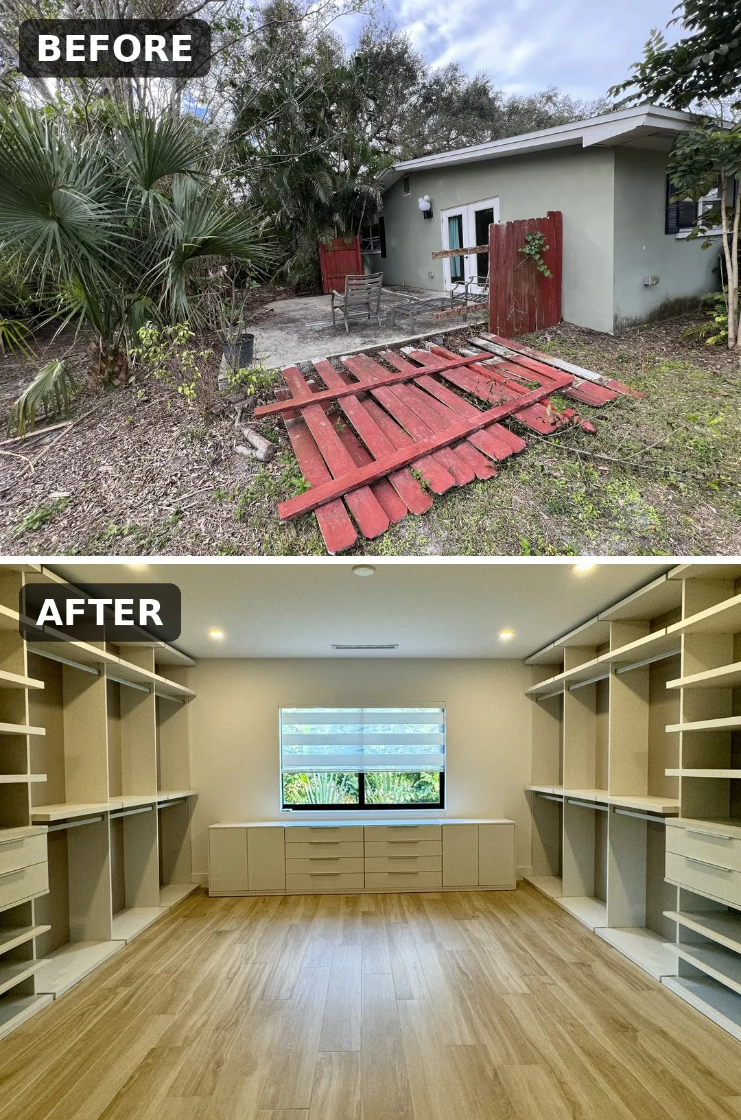 Before and after: an overgrown outdoor patio with a fallen wooden fence converted into an air-conditioned walk-in closet with custom shelving in Fort Myers, FL
