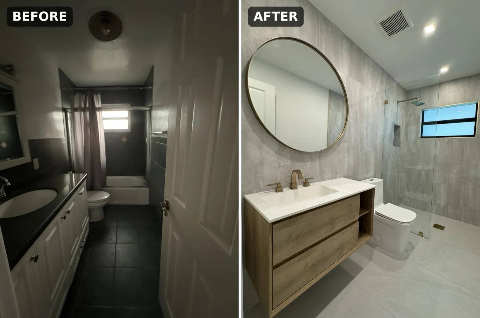 Antes y despues: bano de visitas anticuado con banera, cortina y azulejo oscuro remodelado en un bano claro con ducha walk-in sin bordillo