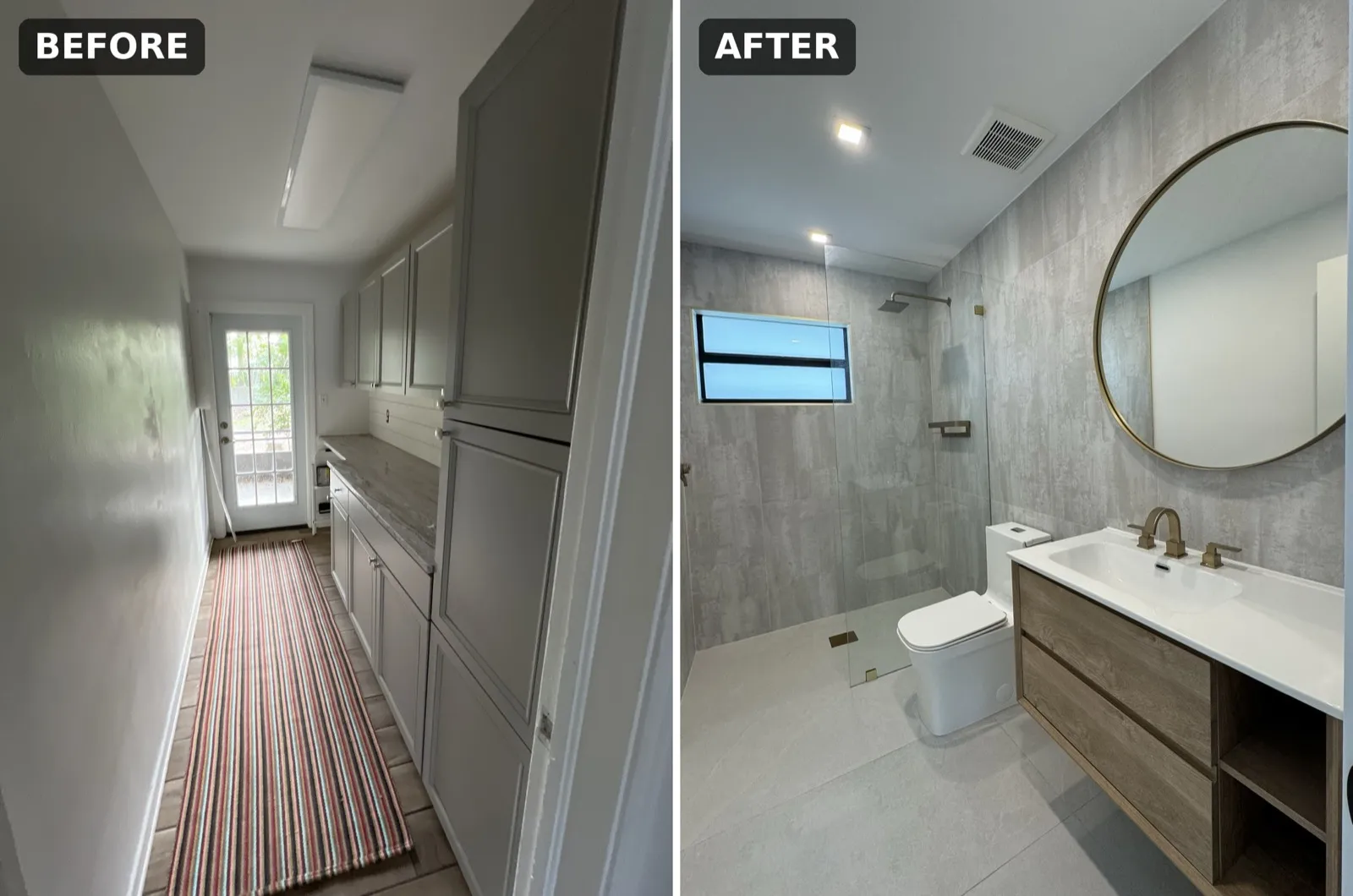 Antes y despues: cuarto de lavado angosto con gabinetes grises convertido en bano completo con ducha walk-in en Fort Myers, FL