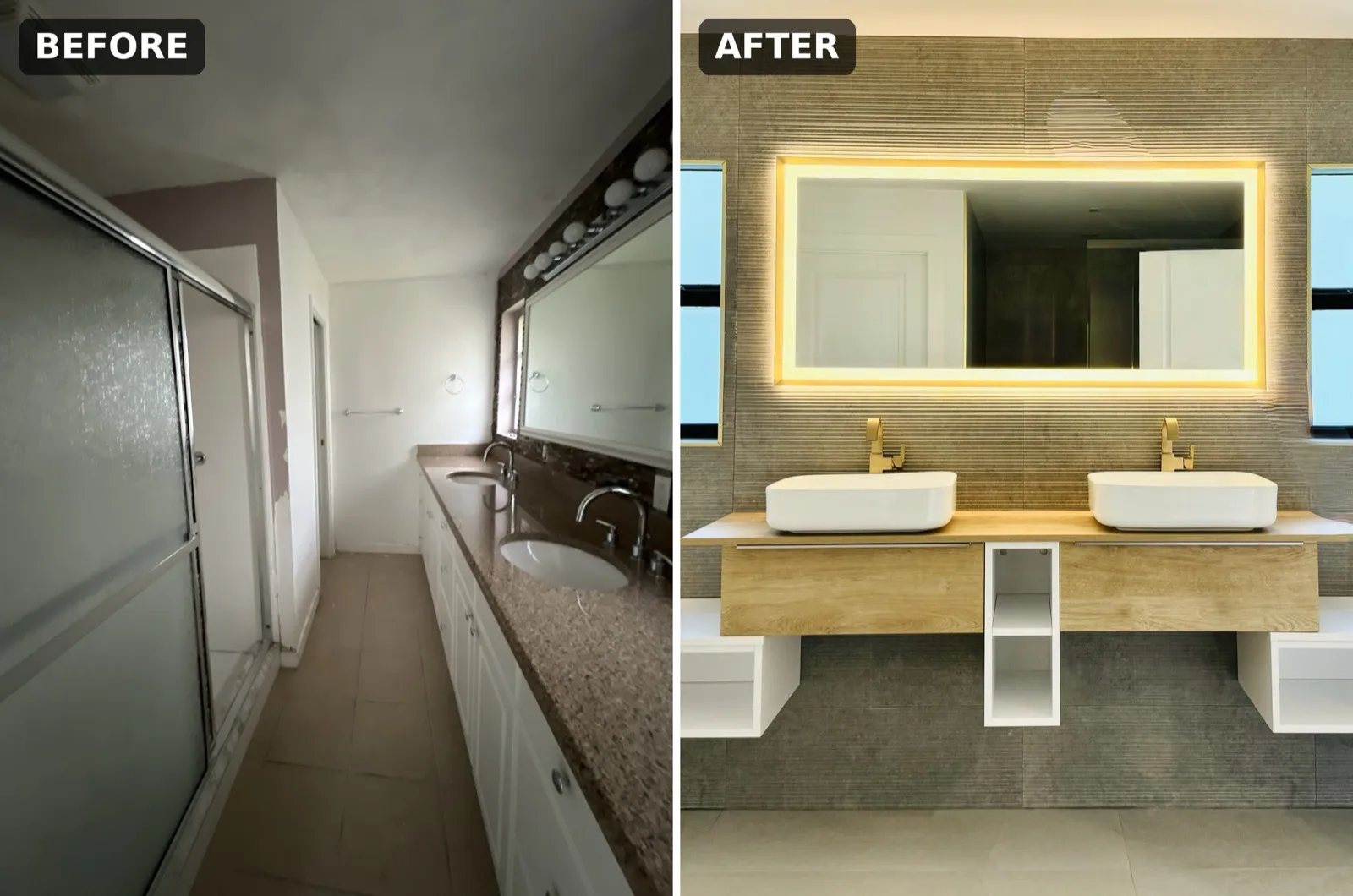 Antes y despues: bano principal con tocador doble de granito y puertas de ducha esmeriladas remodelado con tocador doble flotante, lavamanos de sobreponer y espejo LED retroiluminado